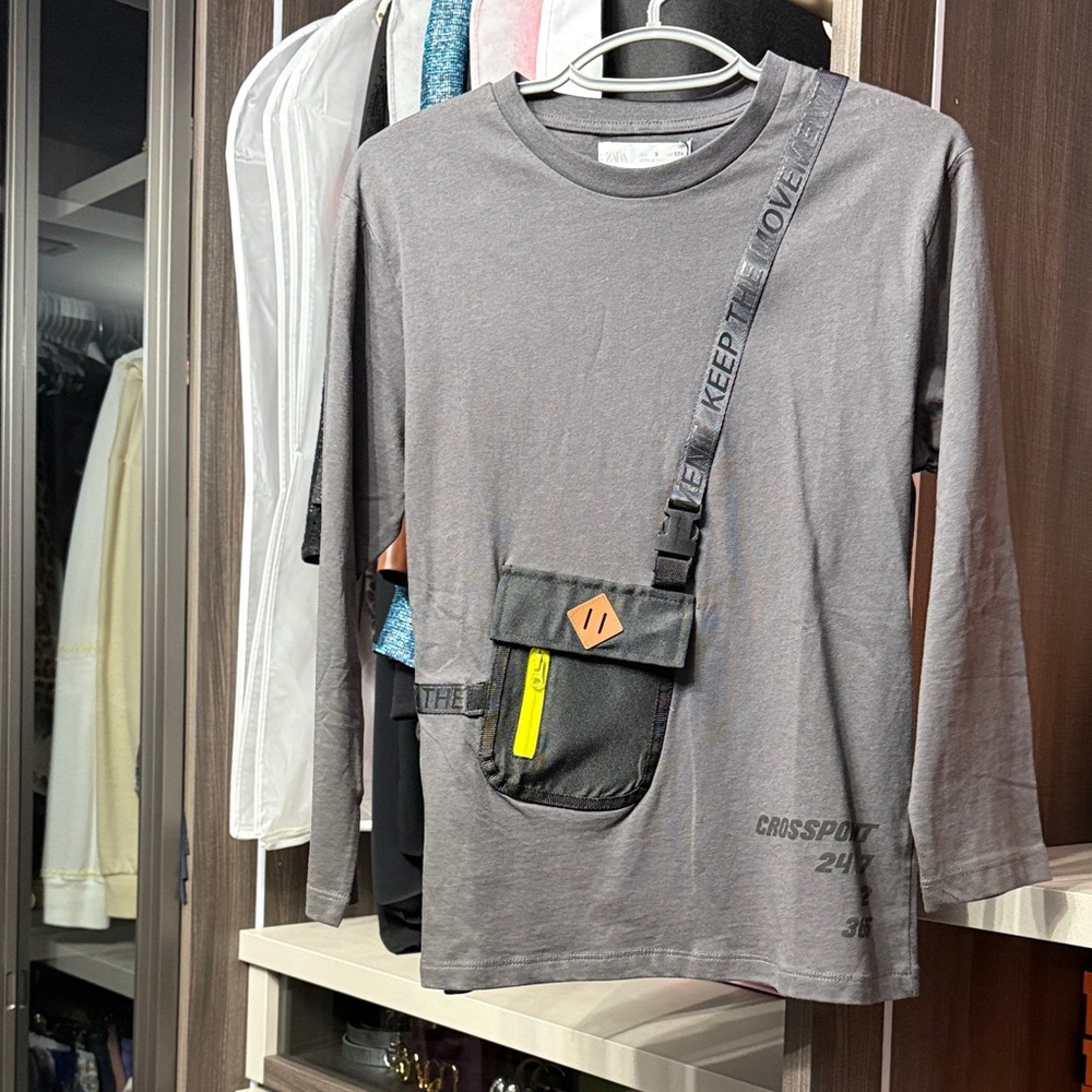 Zara Charcoal Long Sleeve Kids Tee with Bag Detail